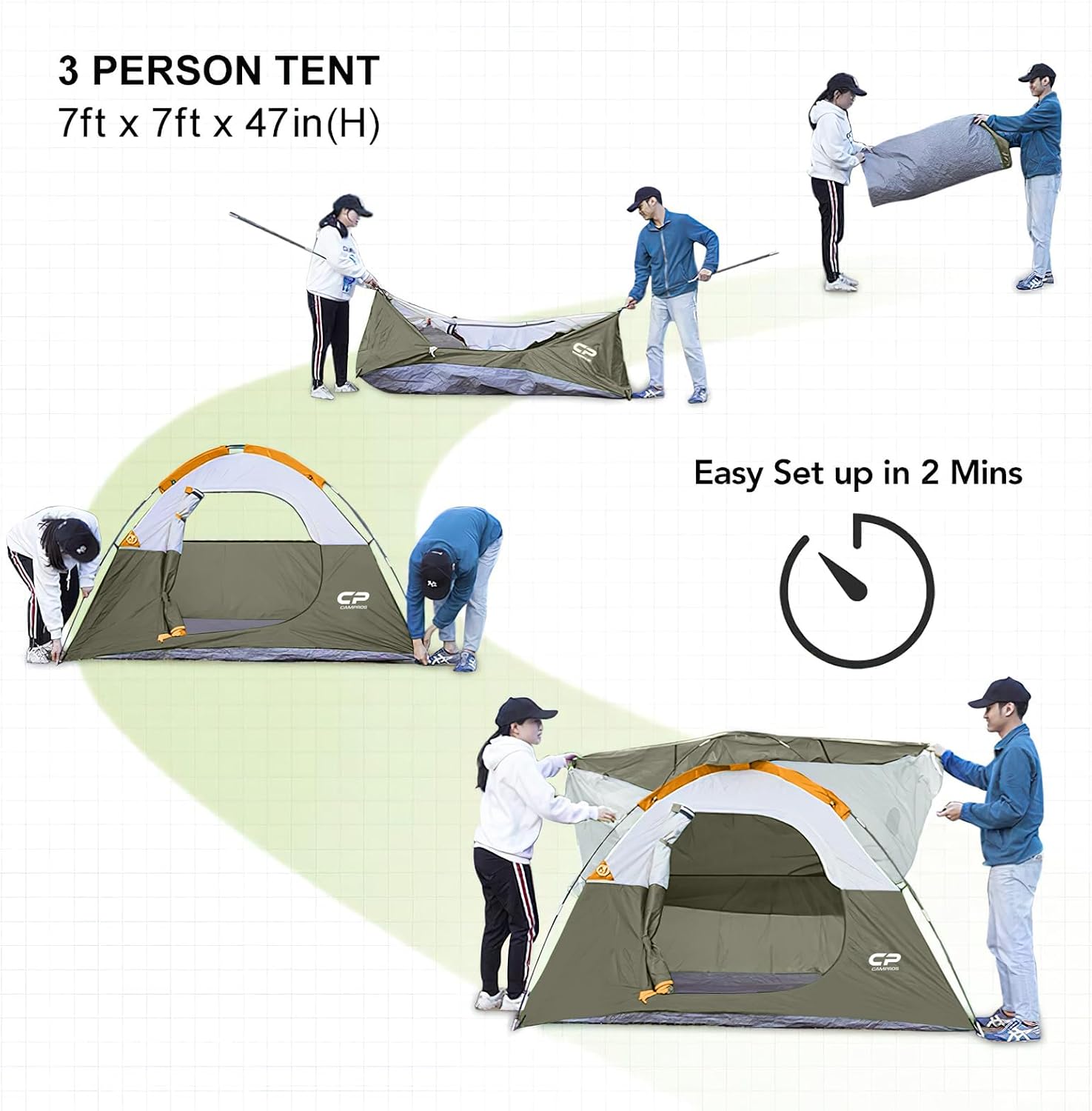 CAMPROS CP 3 Person Tent, Waterproof Dome Tents for Camping with Rainfly