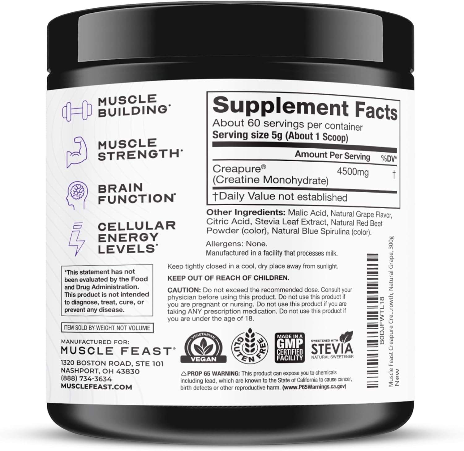 Muscle Feast Creapure Creatine Monohydrate Powder, Unflavored (300g) | Vegan, Non-GMO, Keto Friendly Mass Gainer, Muscle Recovery Supplement & Trusted Creatine for Muscle Growth, Creatine Powder