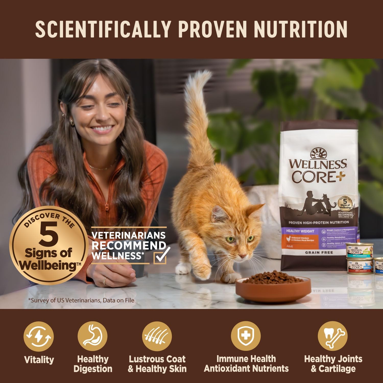 Wellness CORE+ Adult Dry Cat Food for Indoor Cats, Natural, Grain Free Kibble, Chicken, Turkey and Chicken Meal Recipe, 5 lb Bag