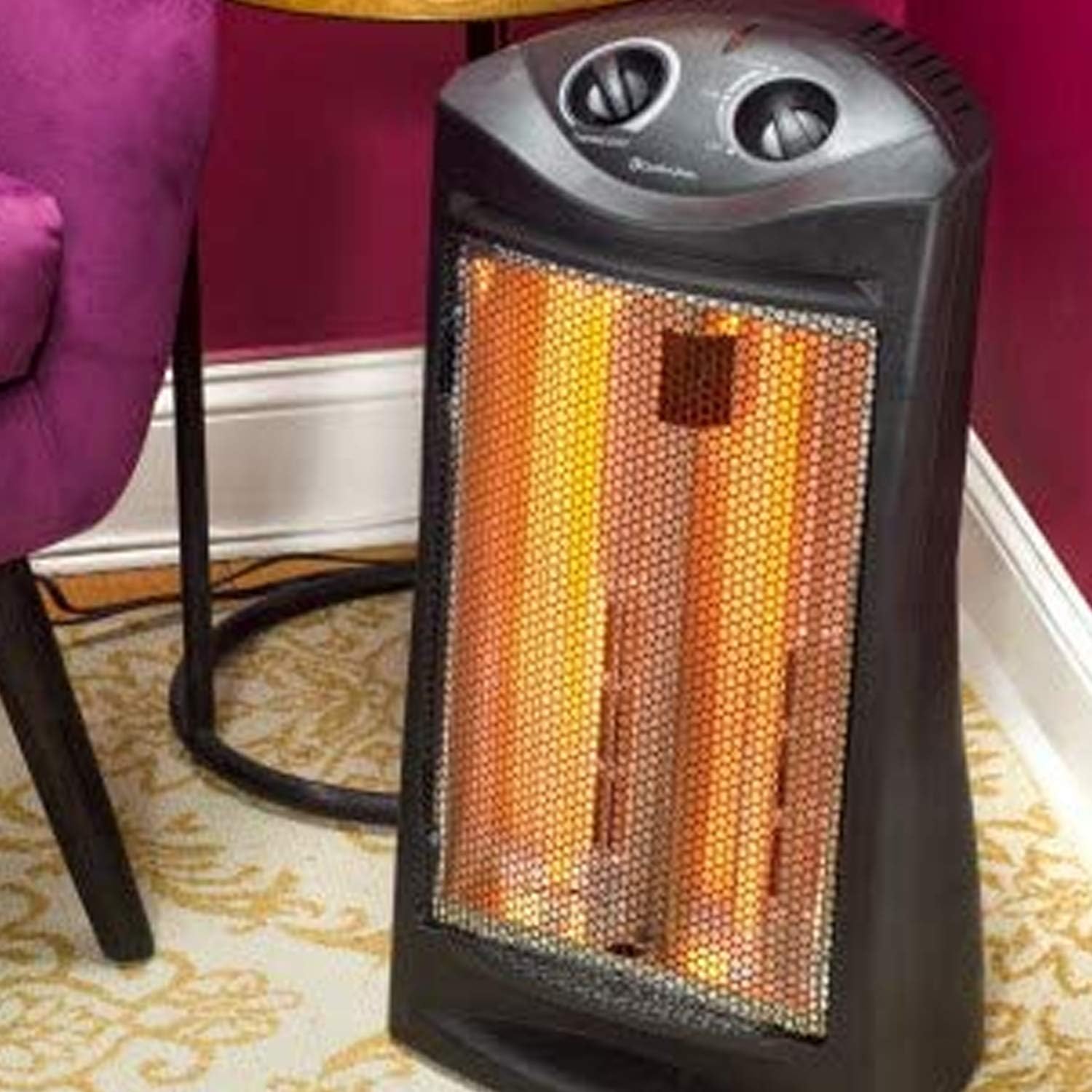 Comfort Zone Indoor Tower Space Heater, Adjustable Thermostat, Radiant Heat, Electric, Infrared Quartz, 2 Heat Settings, Overheat Protection