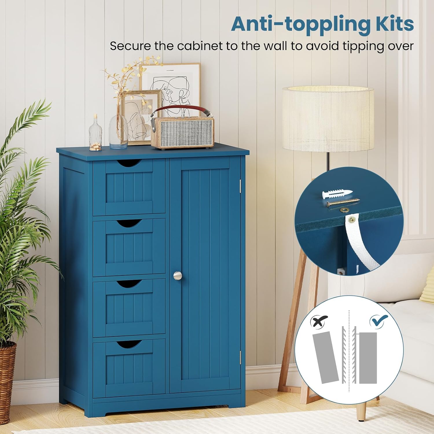 Giantex Storage Cabinet with 4 Drawers, Bathroom Storage Organizer with Cupboard, Adjustable Shelf, Anti-Toppling Device, Floor Cabinet, Entryway Storage Unit Console Table, White