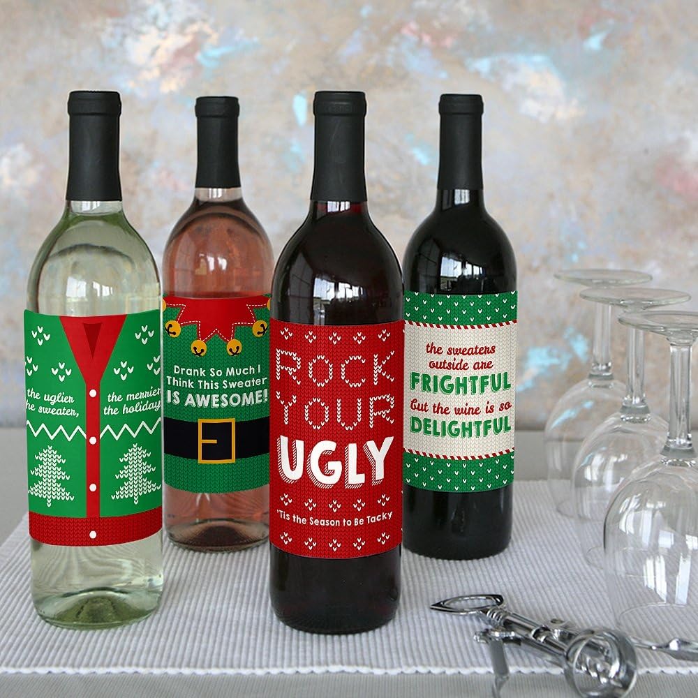 Big Dot of Happiness Ugly Sweater - Holiday and Christmas Wine Bottle Label Stickers - Set of 4