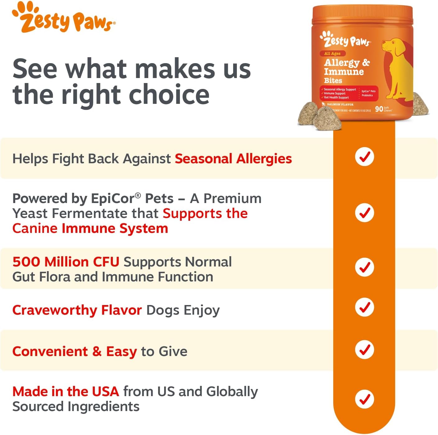 Zesty Paws Allergy Immune Bites - Dog Allergy Chews, Dog Probiotics for Itchy Skin and Ears, Lamb, 90ct