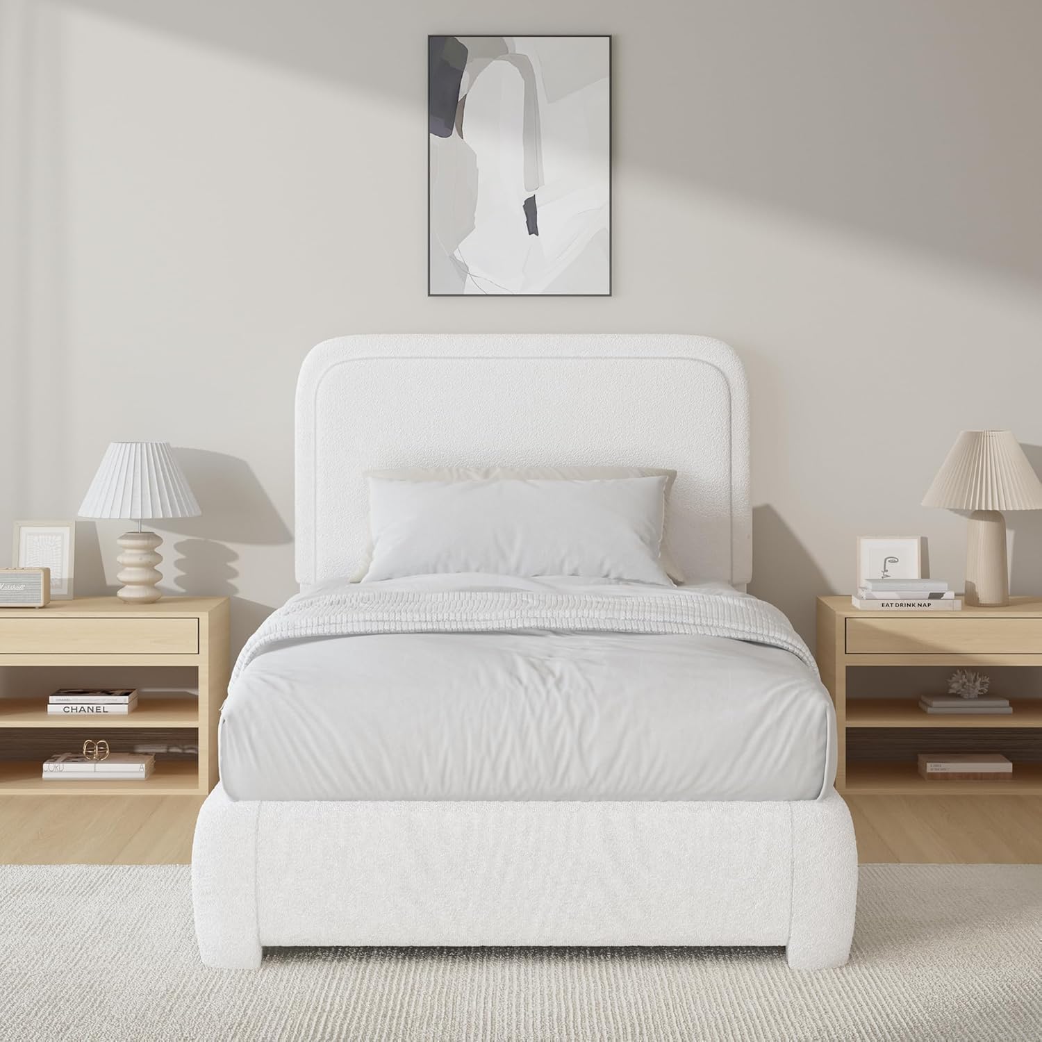 BarnFurin Full Bed Frame, Cloud Boucle Headboard, Rounded Corners, White | Soft boucle and rounded edges create a low-profile cloud look. Wooden slats support the mattress without a box spring