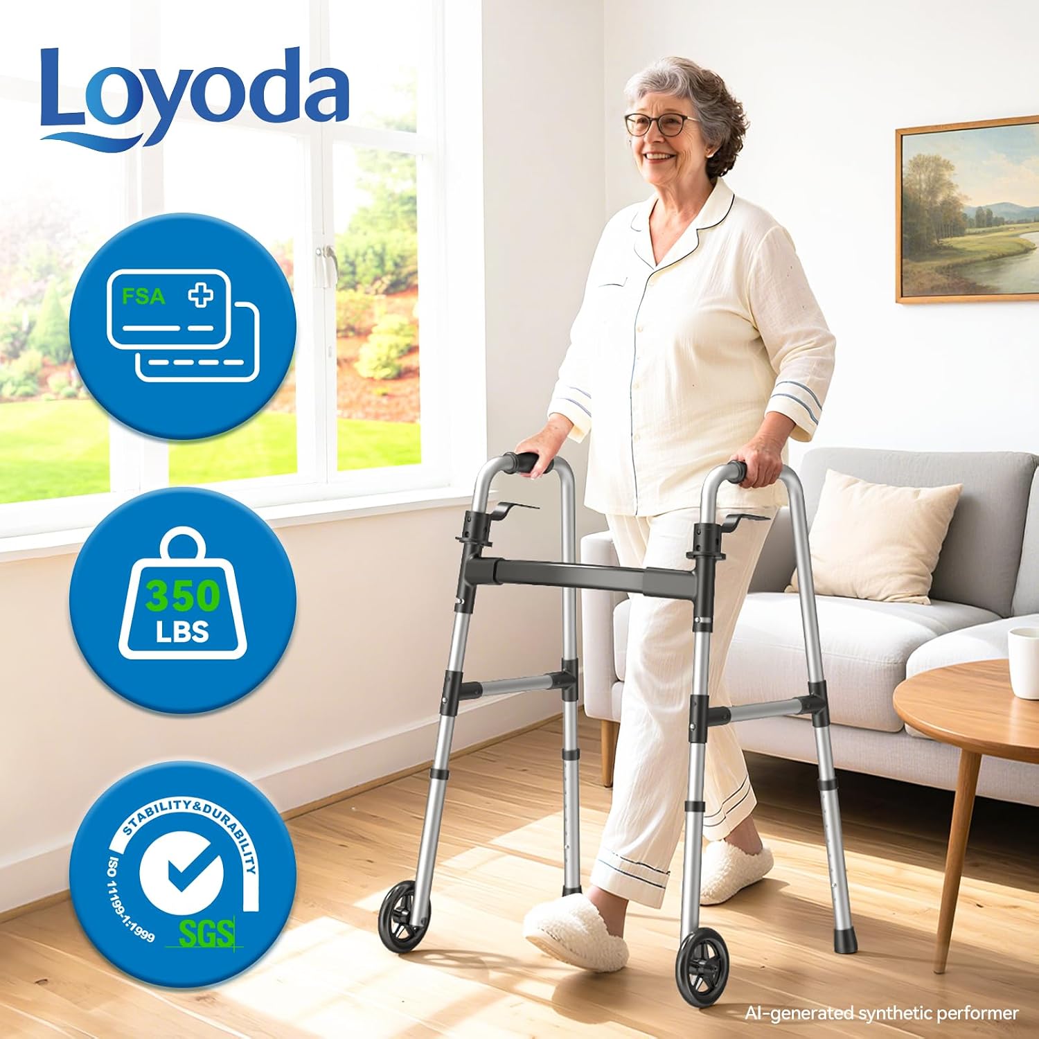 Loyoda Folding Walker with Basket and Glide Skis, 5" Wheels, Lightweight | Standard Walker for Seniors and Adults, Offers 8 Height Adjustments (31"-38"), Supports up to 350 lbs