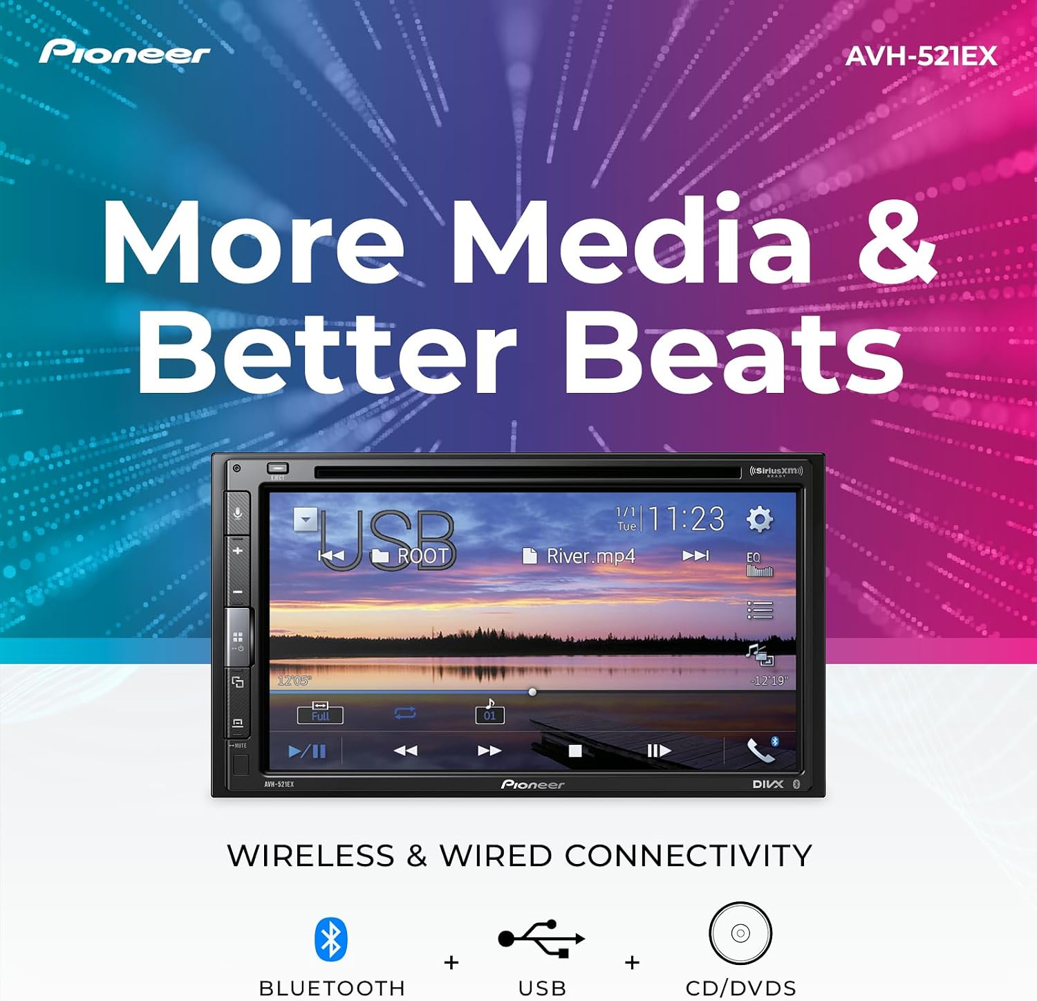 Pioneer AVH-521EX 6.8" Resistive Touchscreen Double Din Car Stereo | DVD Multimedia Receiver, Bluetooth, Backup Camera, SiriusXM, USB, FLAC Playback