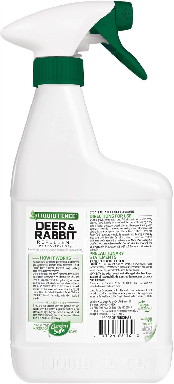 Liquid Fence Deer and Rabbit Repellent Ready-to-Use Spray, 1 Gallon | Use to Treat on Gardens, Flowers, Shrubs, Trees & Vines, Covers up to 2,000 Sq. Ft., Harmless to Plants & Animals