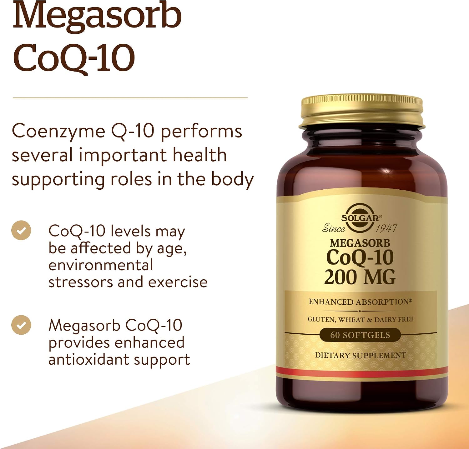 Solgar Megasorb CoQ-10 200 mg, 60 Softgels, Supports Heart & Brain Function | Coenzyme Q10 Supplement, Enhanced Absorption, Non-GMO, Gluten Free