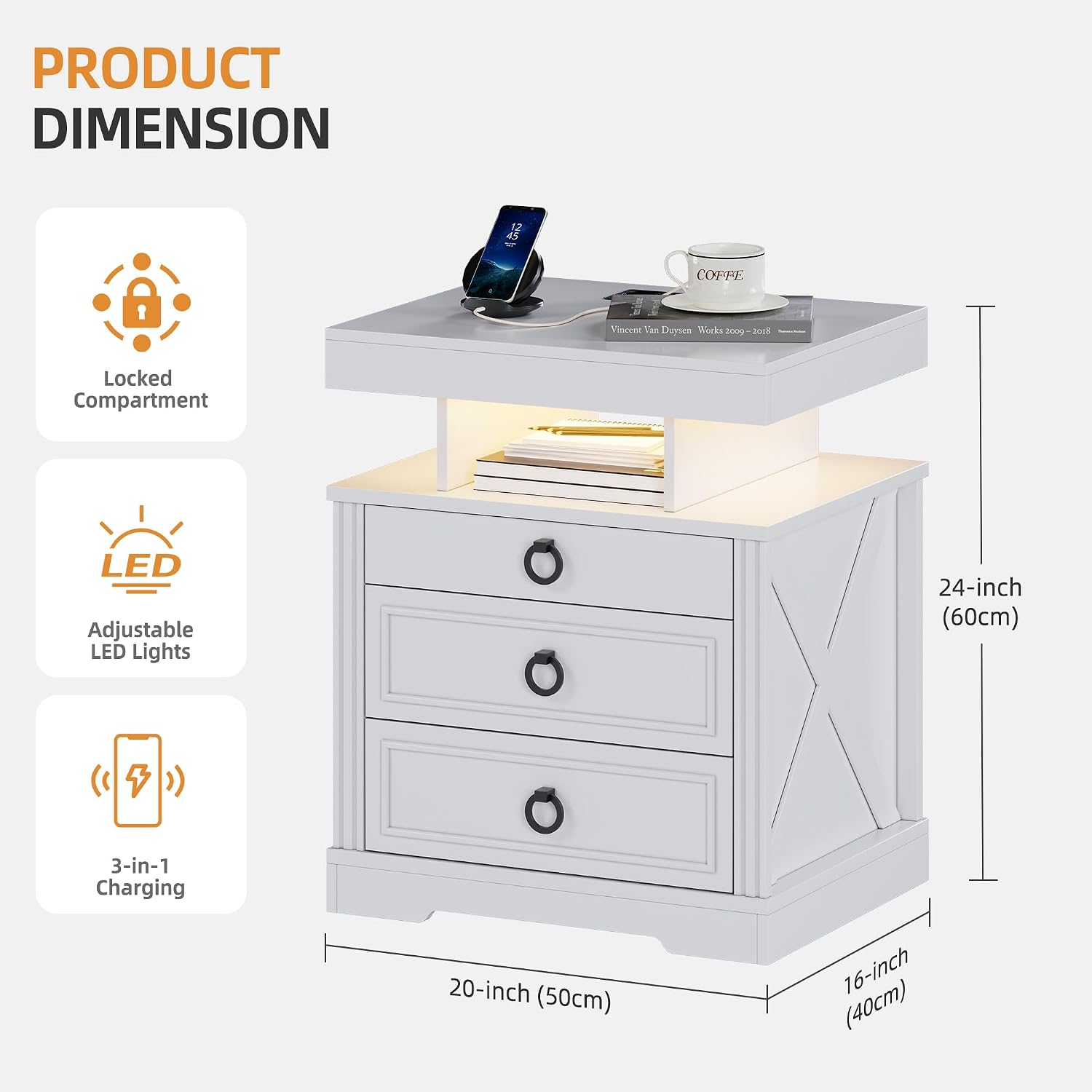 Lockable Night Stand with Gun Drawer,Charging Station,LED Lights,White | LED Nightstand with Charging Station,Farmhouse Bedside Table with 3-Color Light,End Table with 3 Drawers,Bedroom