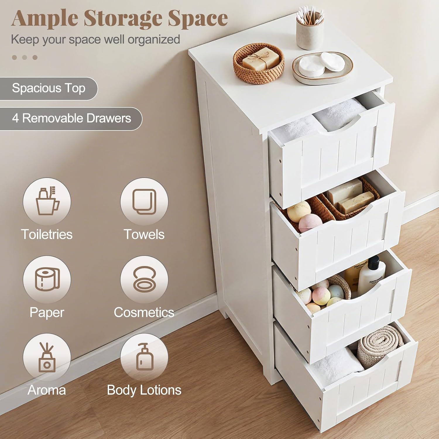 Tangkula Bathroom Floor Cabinet, Freestanding Narrow Side Storage Organizer with 4 Drawers, Multifunctional Towel Cabinet with Anti-Tip Kit for Living Room Laundry Entryway (4 Drawers, White)