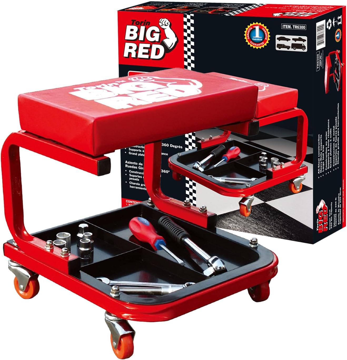 BIG RED Rolling Garage/Shop Creeper: 2-Piece, 36" Padded Mechanic Cart with Headrest and 6 Casters, Red,AR7565B,Torin