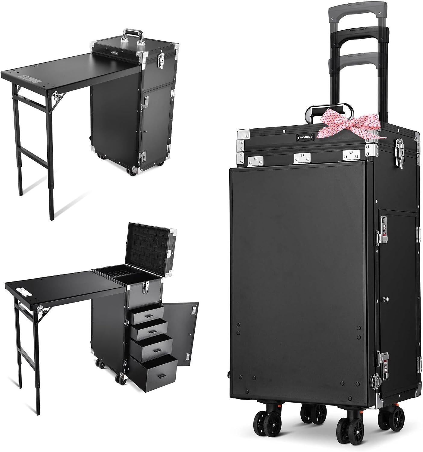 BYOOTIQUE Portable Nail Desk with 4 Storage Drawer Rolling Manicure Table
