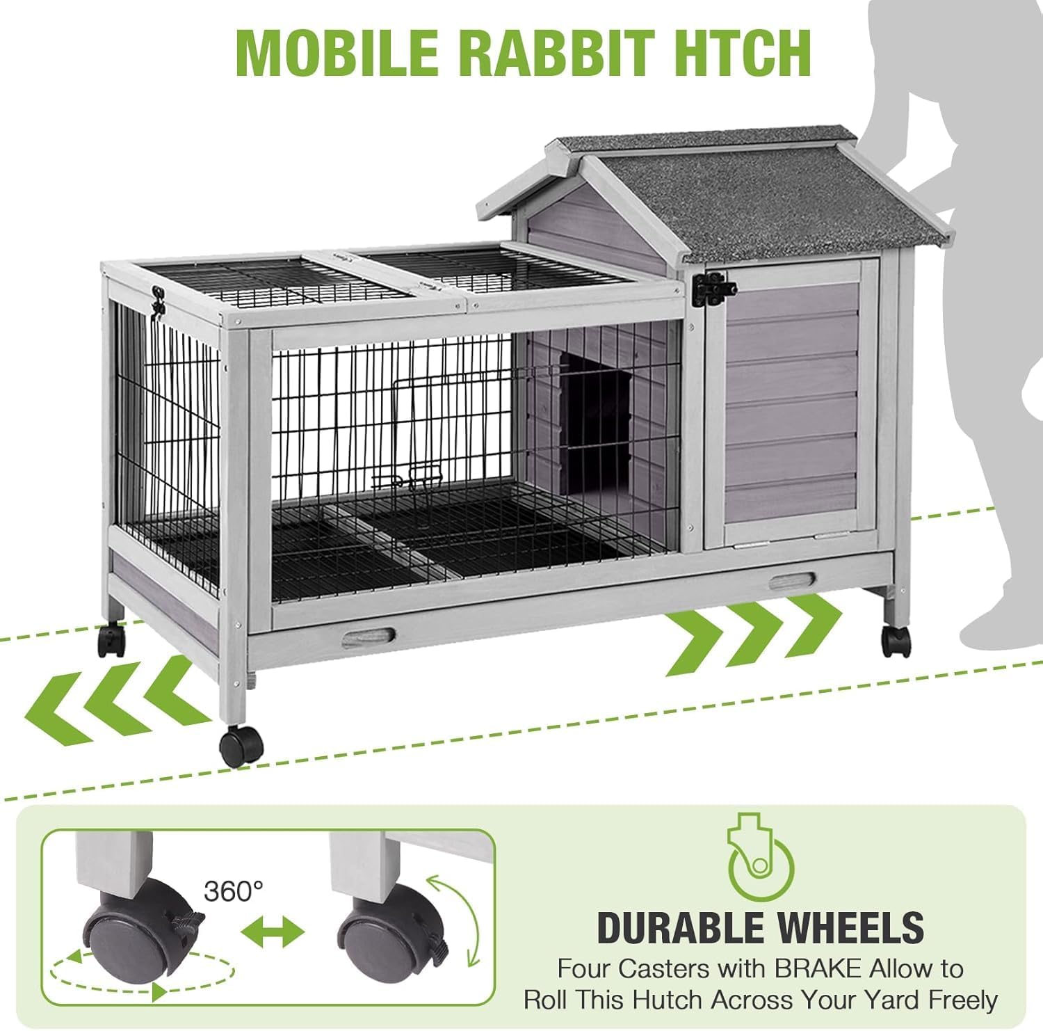 Outdoor Rabbit Hutch Indoor Bunny on Wheels Large Guinea Pig Cage with Run for Any Small Animals,Removable Pull Out Tray