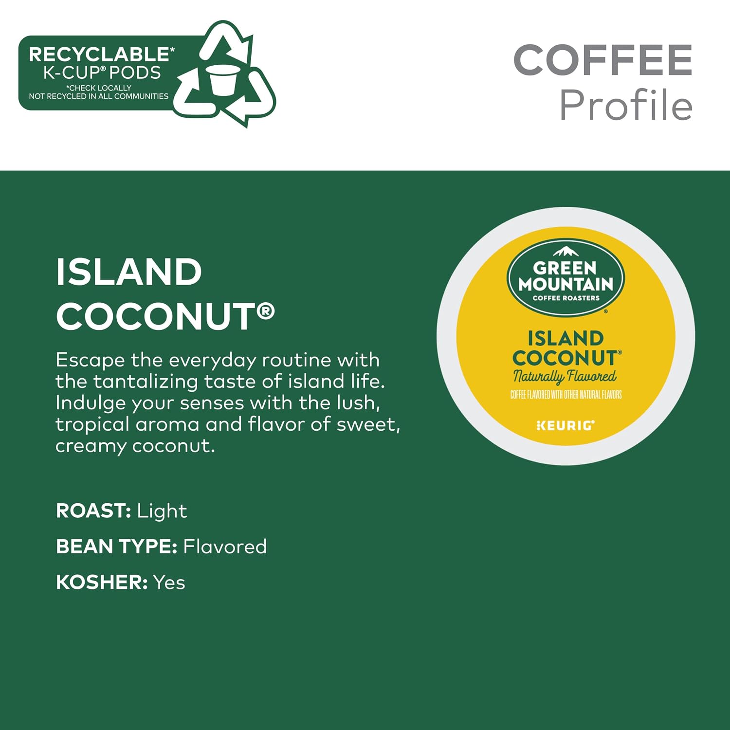 Green Mountain Coffee Roasters Island Coconut, Single-Serve Keurig K-Cup Pod, Flavored Light Roast Coffee, 24 Count (Pack of 1)