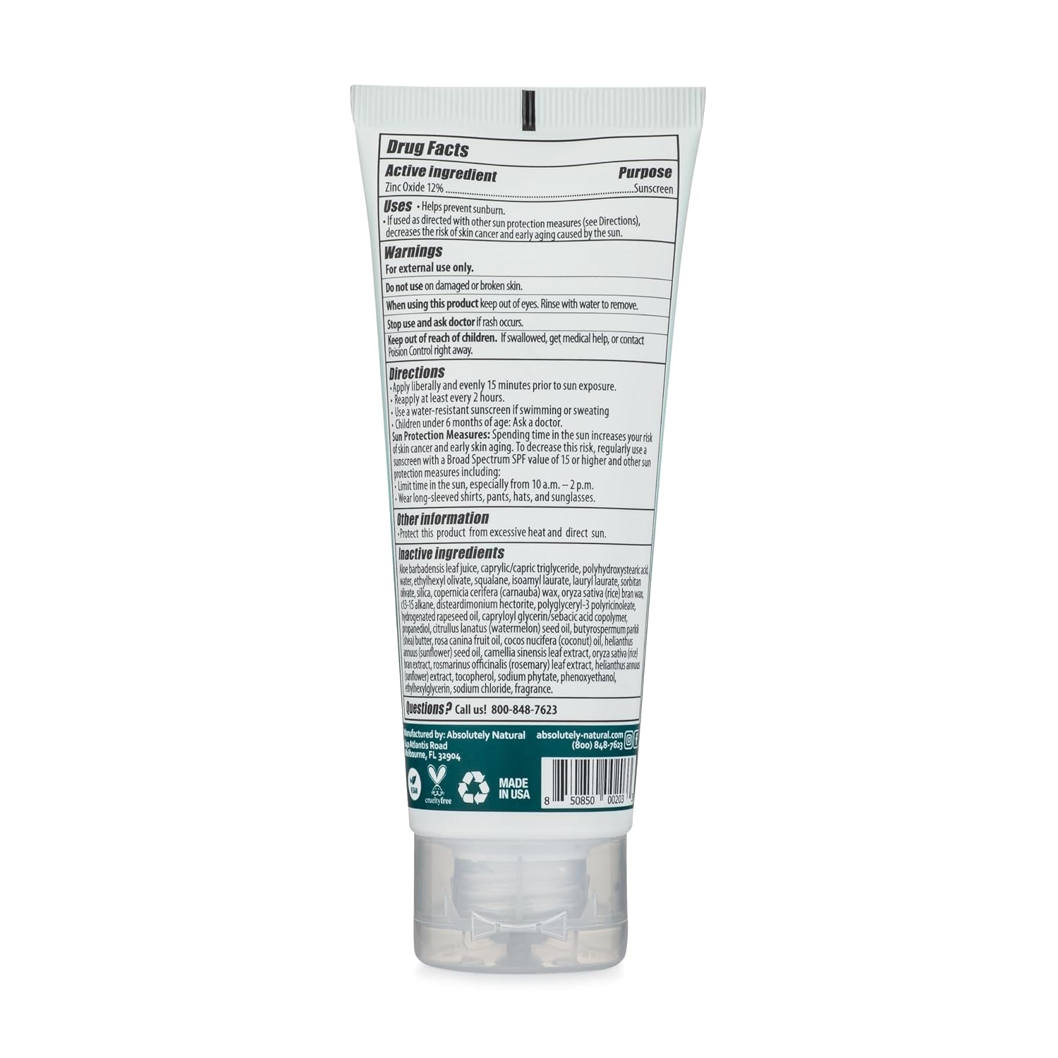 Absolutely Natural - SPF 15 Mineral Sunscreen - Broad Spectrum Water Resistant Moisturizer Lotion For Body & Face - With Non-Nano Zinc Oxide, Vitamin E, & Antioxidants - Made in USA, 3 Oz