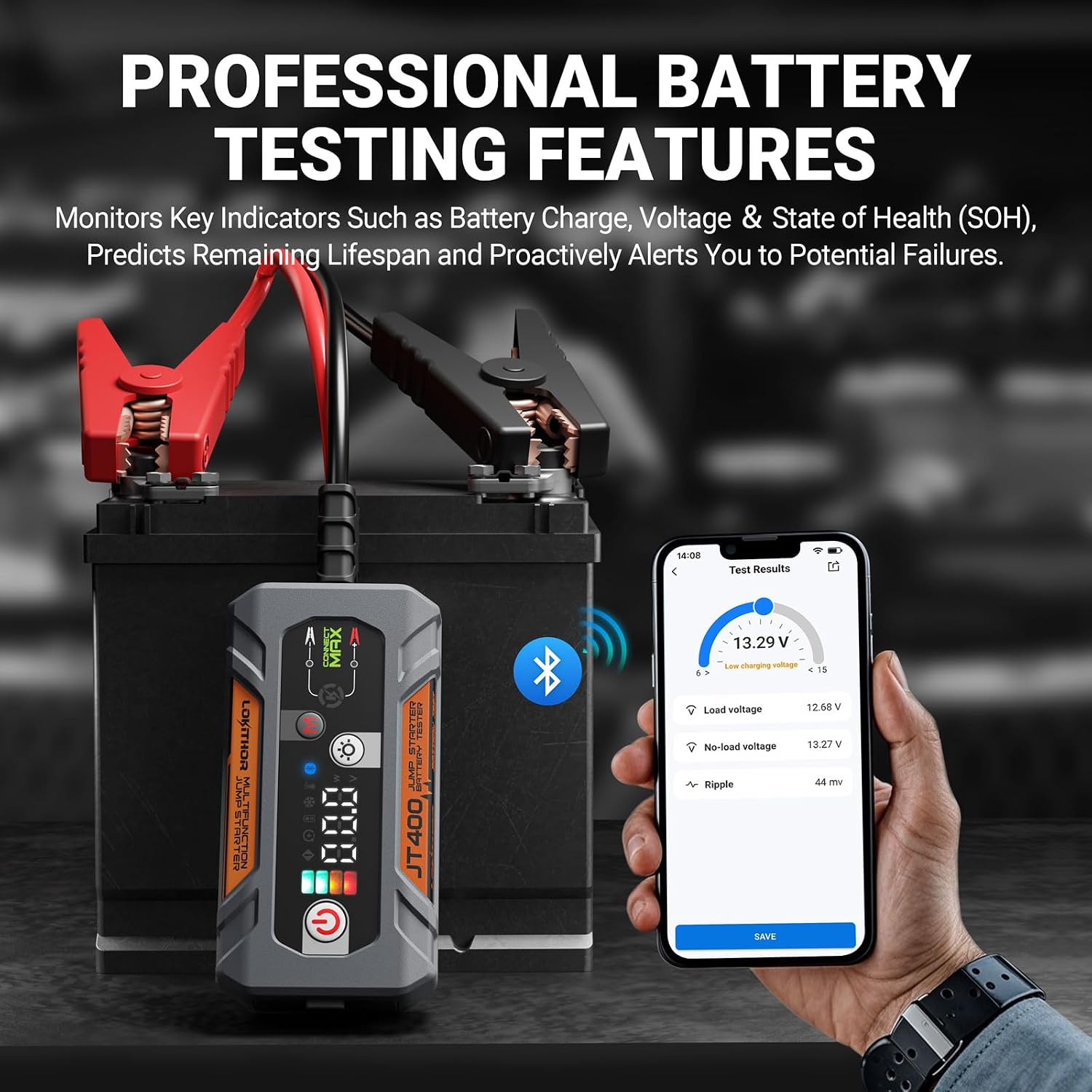 LOKITHOR JT400 2500A Portable Jump Starter with 100–2000 CCA Battery Tester, 12V Car Battery Jump Starter for Up to 8.5L Gas or 6.5L Diesel Engines, Smart Bluetooth Automotive Battery Load Tester