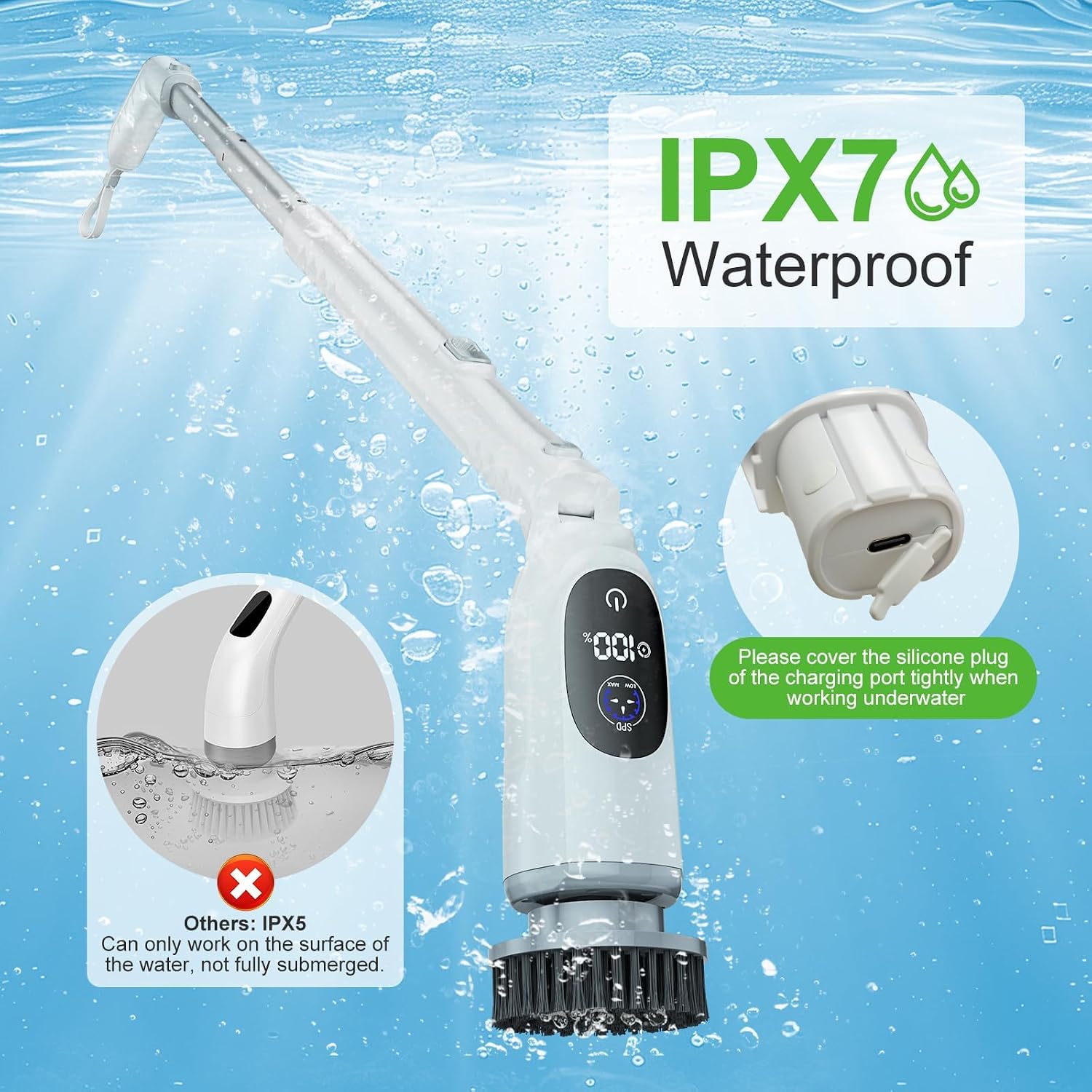 Electric Spin Scrubber, Bathroom Scrubber with Aluminum Alloy Handle | 3H Work Time, Cordless Cleaning Brush with 3-Speed, IPX7 Waterproof