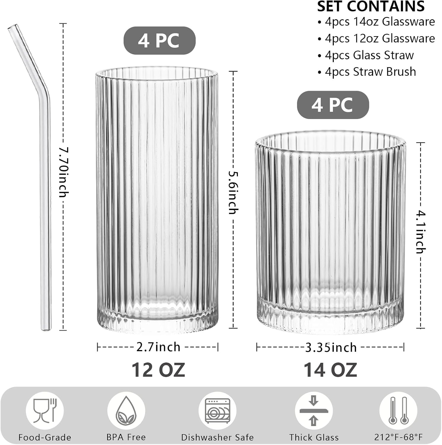 INSETLAN Set of 8 Vintage Glassware - 4 Highball Glasses 12 oz, 4 Rocks Glass Cups 14 oz, Ribbed Glassware Cocktail Glasses, Ideal for Wine, Juice