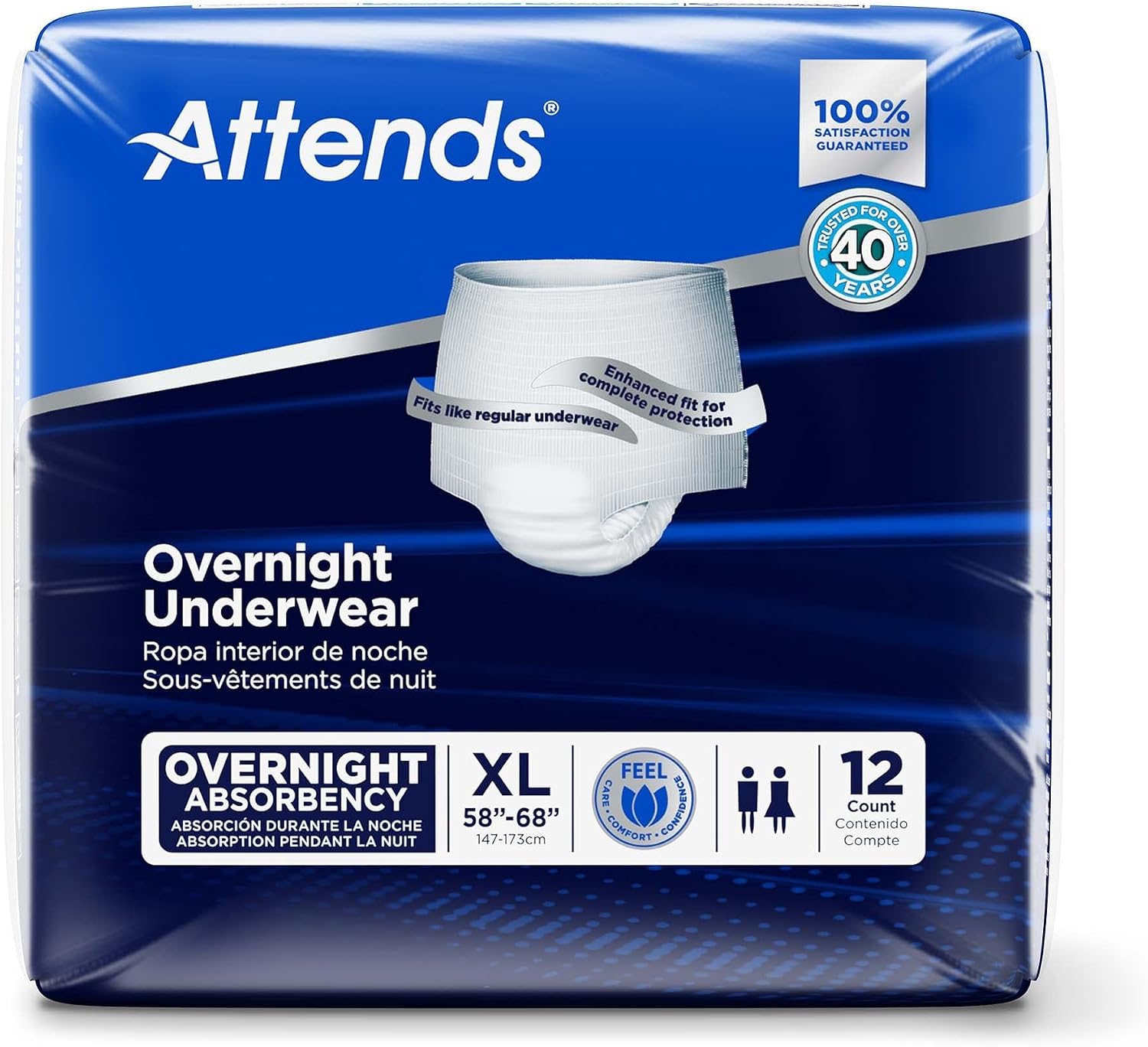 Attends Overnight Underwear for Adult Incontinence Care with ConfidenceCuff™ Protection, Overnight Absorbency, Unisex, X-Large, 12 Count (x4) | Unisex