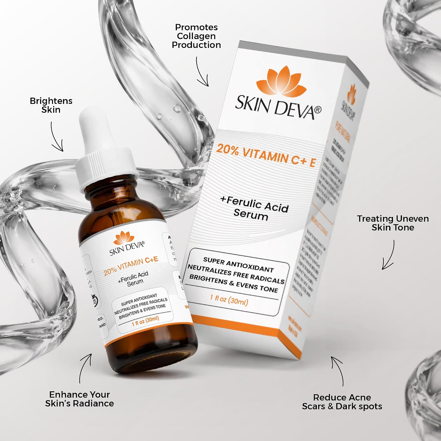 Skin Deva 20% Vitamin C Serum Anti Aging with Hyaluronic Acid & Vitamin E Ferulic Acid - Brightening Formula for Improving Appearance of Dark Spots, Fine Lines & Wrinkles - All Skin Types, 1 fl oz