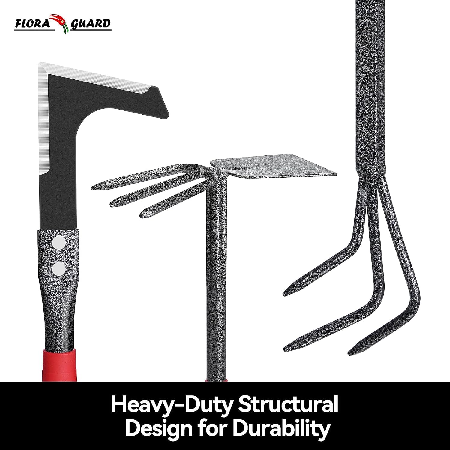 FLORA GUARD 6-Piece Garden Tool Set | Heavy Duty Gardening Hand Tools with High Carbon Steel Including Trowel, Rakes, 2-in-1 Hoe and Crack Weeder