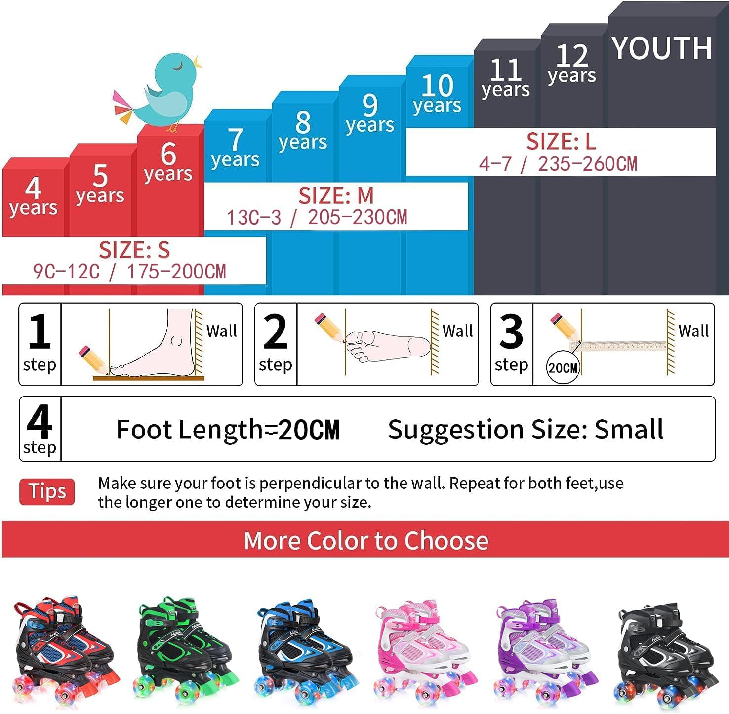 Nattork Kids Roller Skates for Boys Girls Kids, 4 Sizes Adjustable Quad Skates with All Light up Wheels - Birthday Gift for Indoor Outdoor Sports