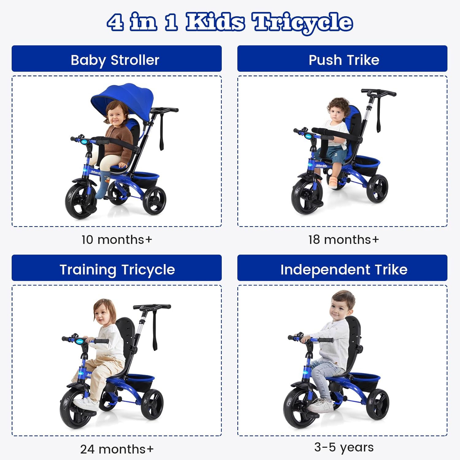 INFANS Kids Tricycle, 6 in 1 Stroll Trike with Adjustable Push Handle, Removable Canopy, Retractable Foot Plate, Lockable Pedal, Detachable Guardrail, Suitable for 10 Months to 5 Years (Blue)