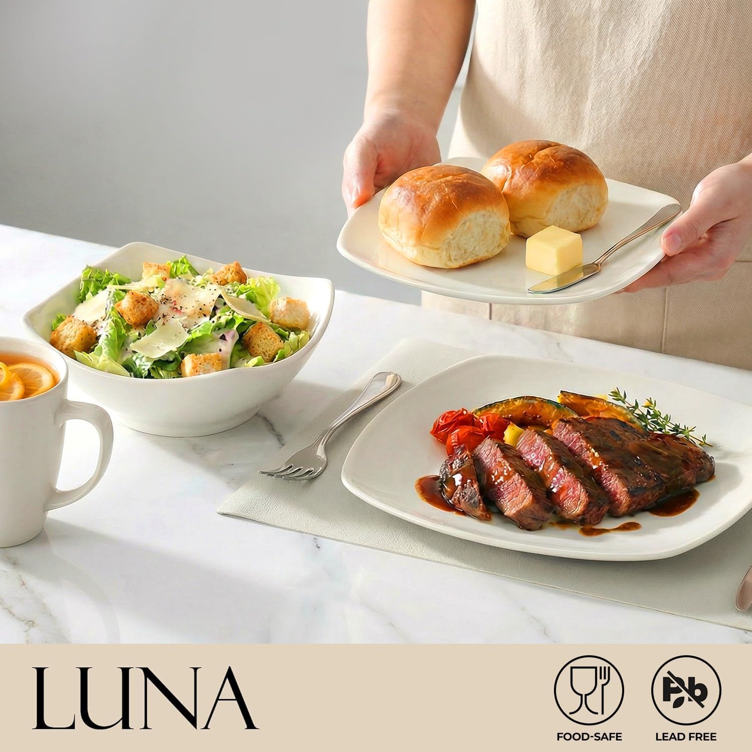 Zulay Kitchen Luna Plates and Bowls Sets, 16 Piece Modern Porcelain Dish Set for 4, Chip and Scratch Resistant Square Dinnerware Set