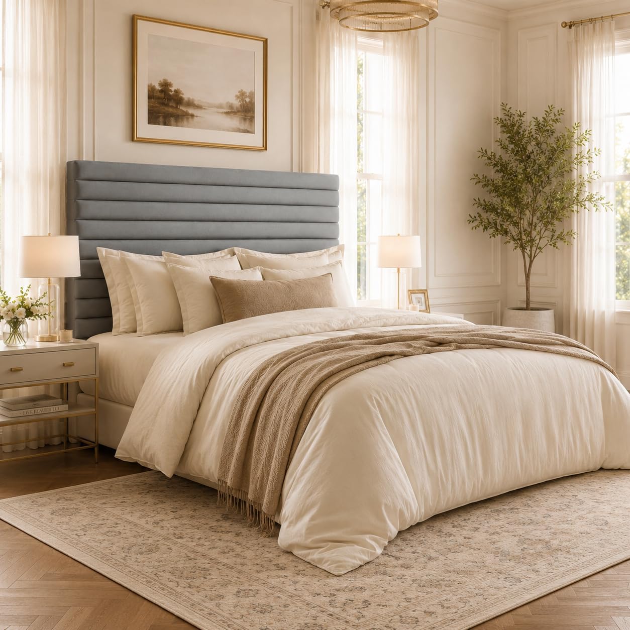 Allewie Queen Bed Frame, Velvet Upholstered Platform Bed with Adjustable Headboard, Horizontal Channel Design, Wood Slat Support, No Box Spring Needed, Noise Free, Easy Assembly, White