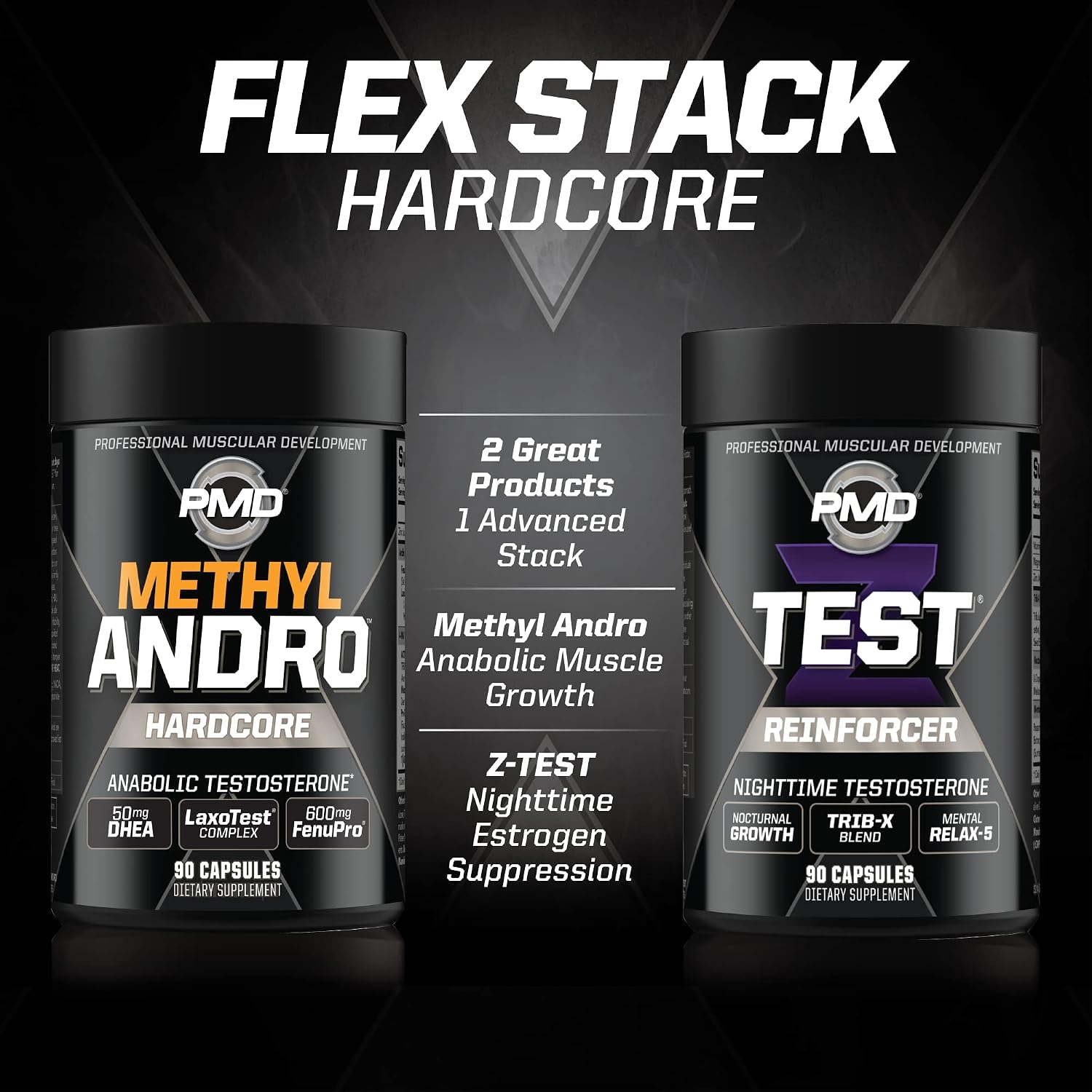 PMD Sports Flex Stack Hardcore 24-Hour Healthy Stack - 90 Capsules | Methyl Andro Hardcore, Z-Test, Increased Muscle Mass Support, Strength Support