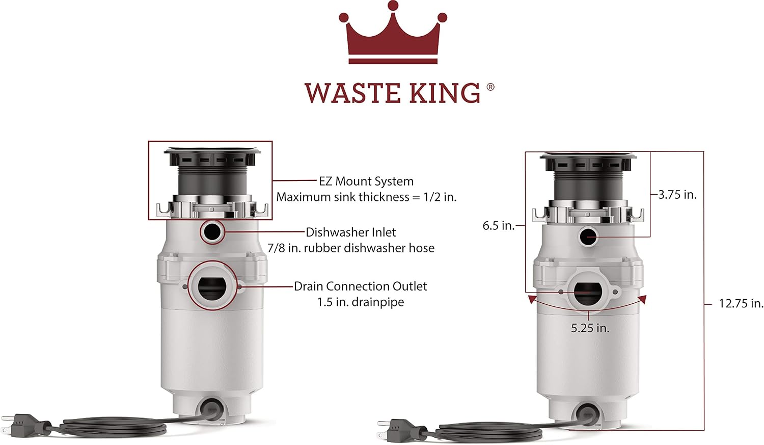 Waste King Legend Series 1 HP Continuous Feed Garbage Disposal with Power Cord - (L-8000) & Garbage Disposal Dishwasher Connector Kit - 1023
