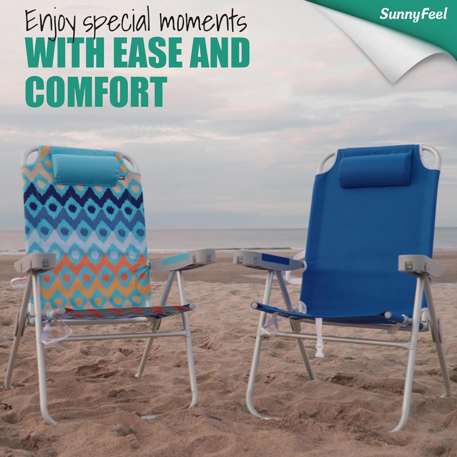 SUNNYFEEL Oversized Tall Folding Beach Chair Lightweight, 17" Portable Sand Chair for Adults Heavy Duty 500 LBS with Cup Holders