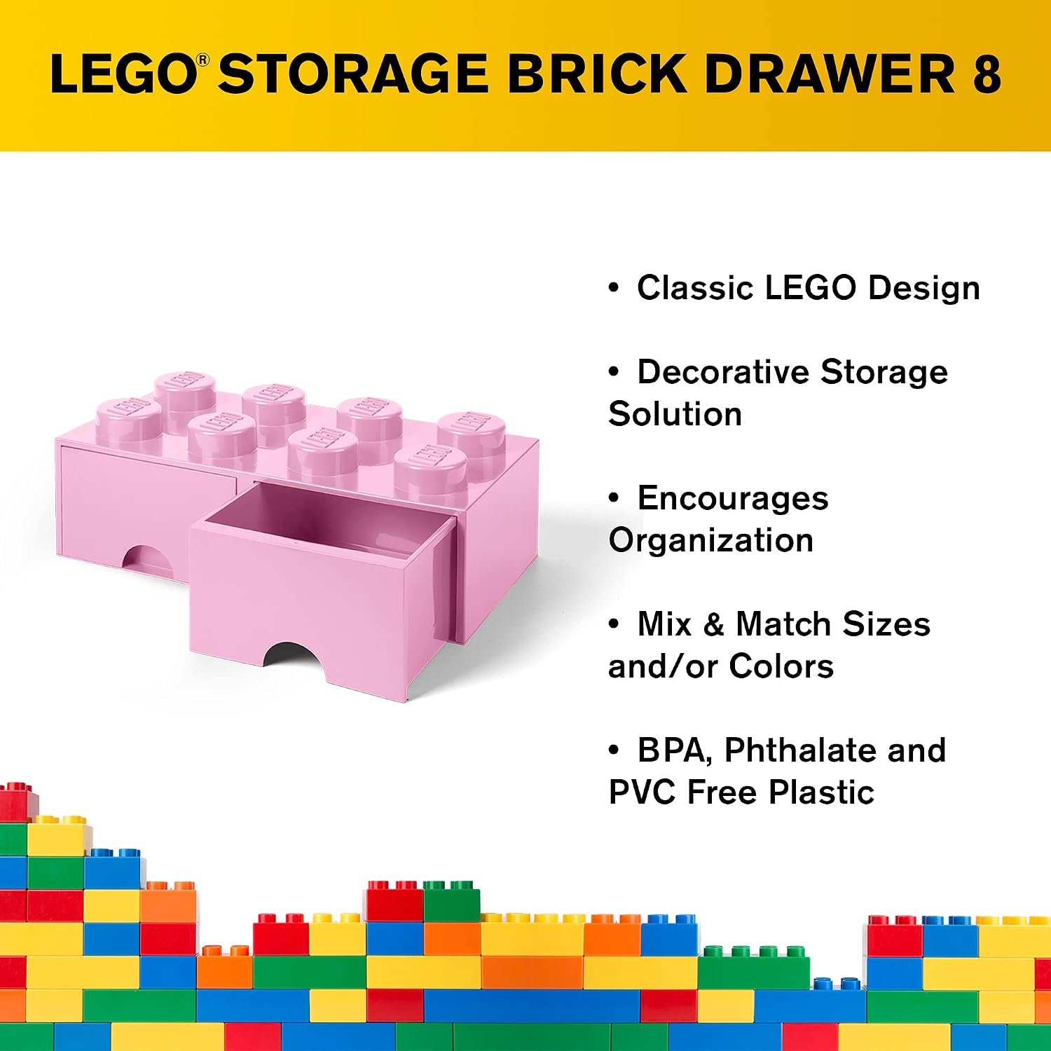 LEGO Brick Drawer, 4 Knobs, 1 Drawer, Stackable Storage Box, Black