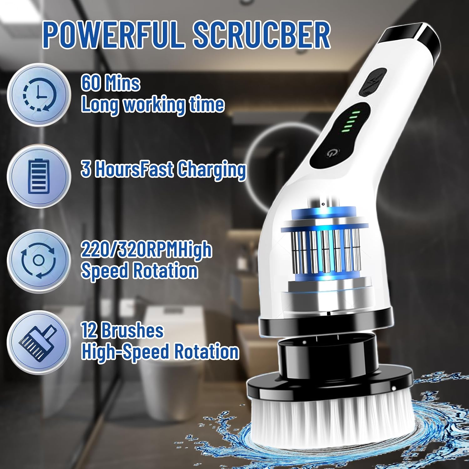 Electric Spin Scrubber, Cordless Cleaning Brush Scrubber with 12 Replaceable Brush Heads