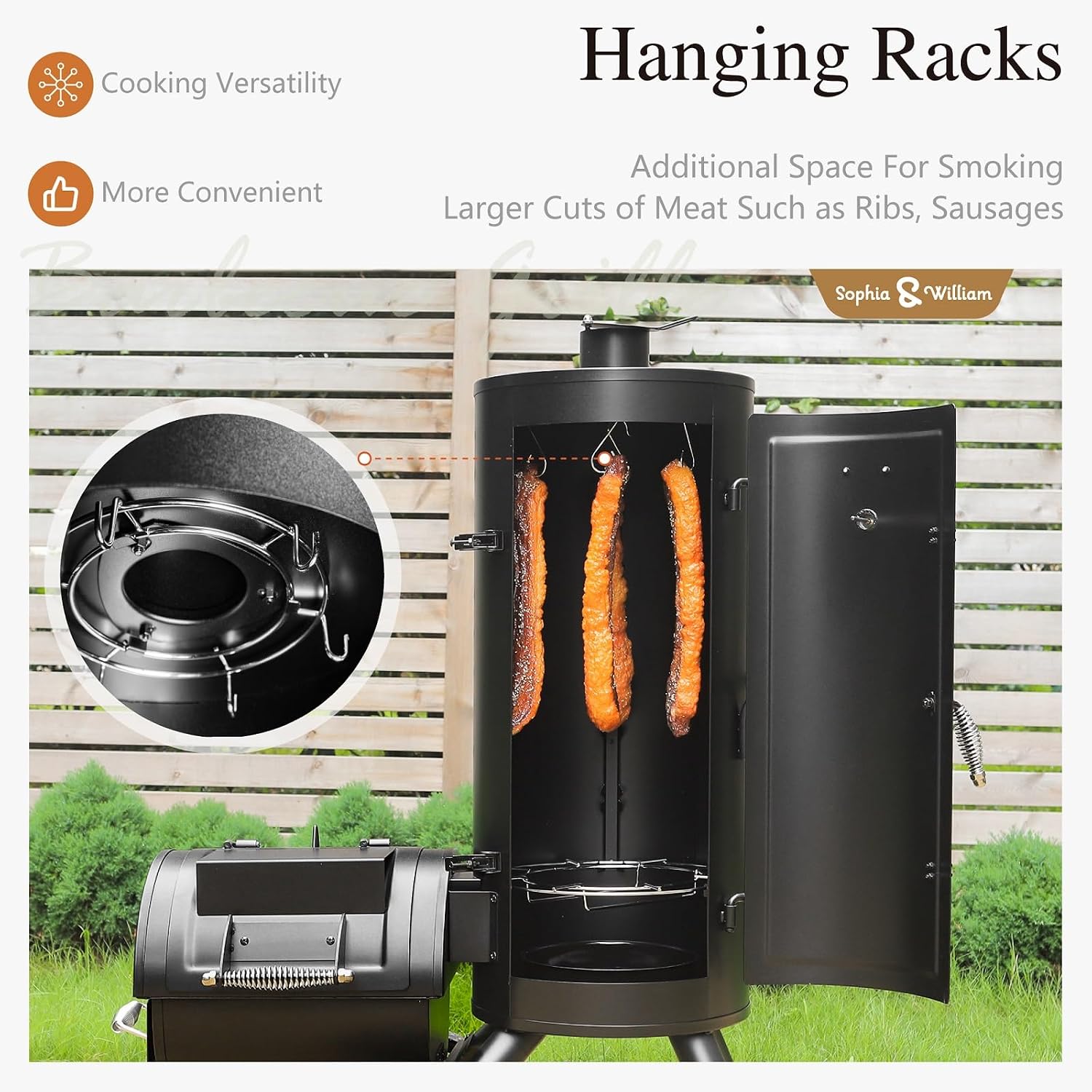 Sophia & William Vertical Offset Charcoal Smoker 961 SQ.IN. Cooking Area | Extra Large Heavy-Duty Outdoor BBQ Gill Offset Smoker with Warming Tray, Push-out Ash Tray for Outdoor Cooking, Black