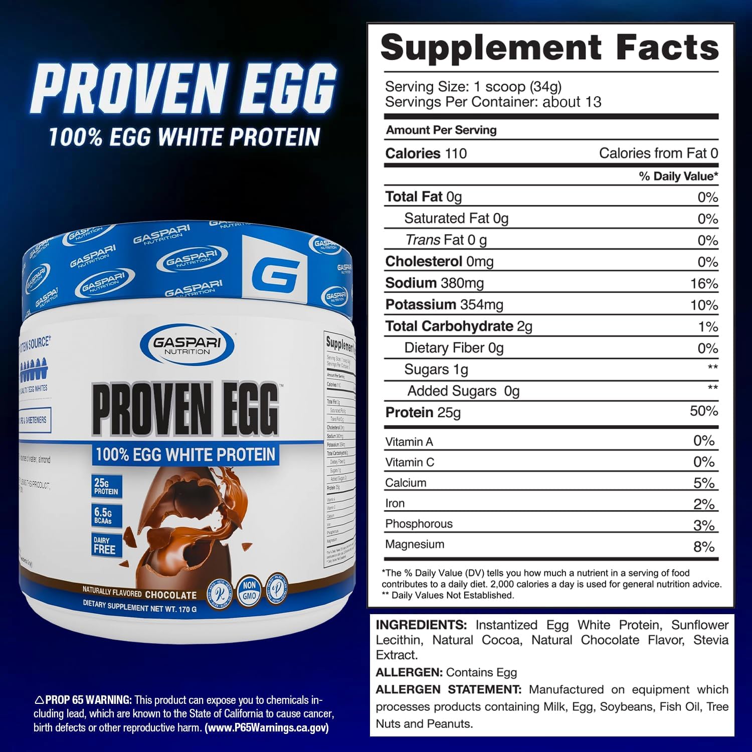 Gaspari Nutrition Proven Egg White Protein Powder, 25g Chocolate Protein Powder, 100% Egg White Protein, Keto Friendly, Dairy and Lactose Free, Soy Free (2 lbs, Chocolate)