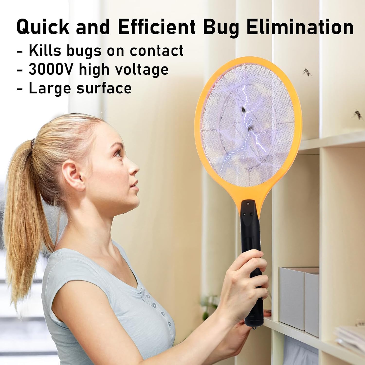 Electric Fly Swatter Handheld Bug Zapper - Indoor Outdoor Zapping Racket for Pest Mosquito & Flies - Battery Powered Safe to Touch with 3-Layer