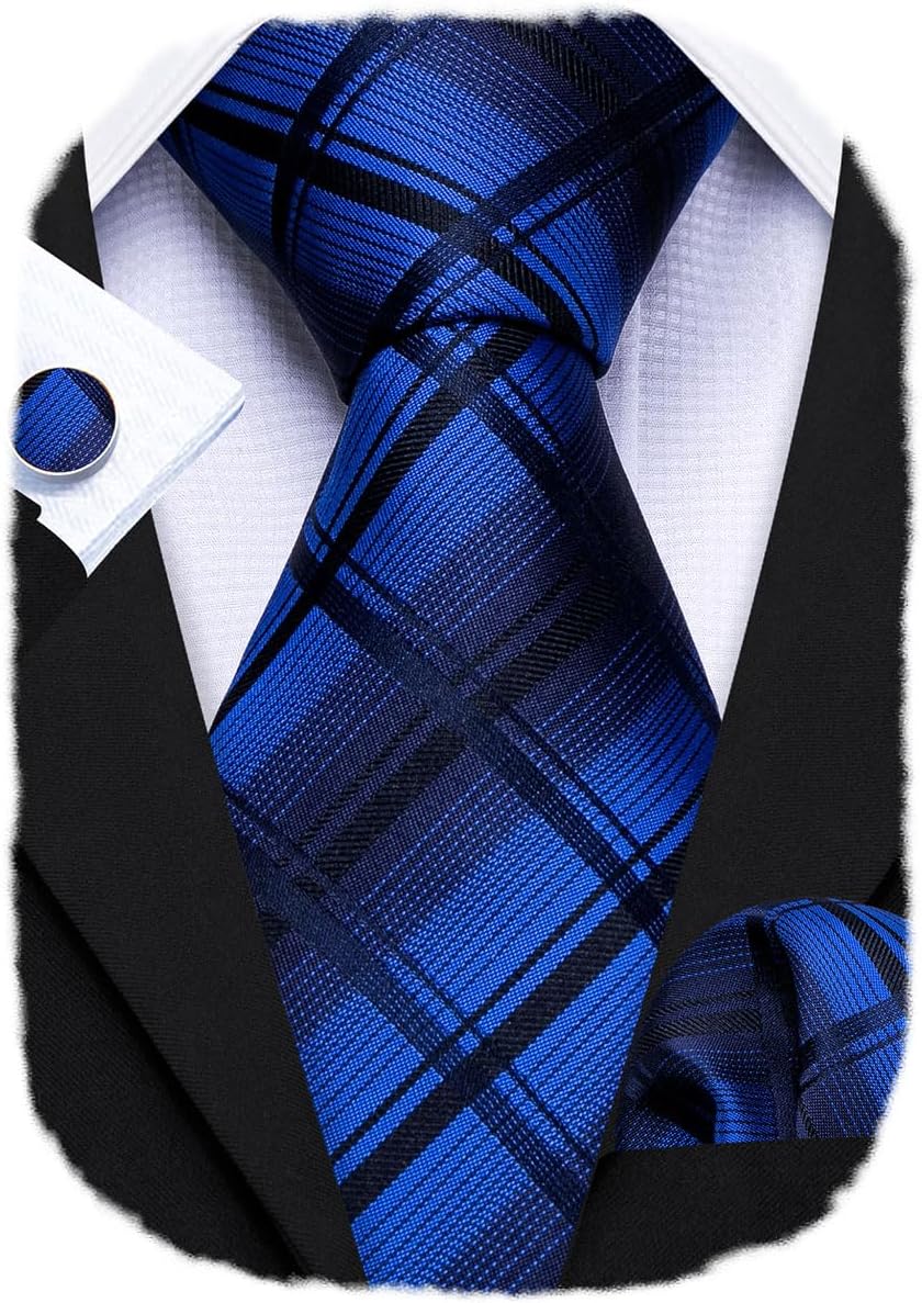 Barry.Wang Plaid Ties for Men Silk Necktie Handkerchief Cuff Links Set