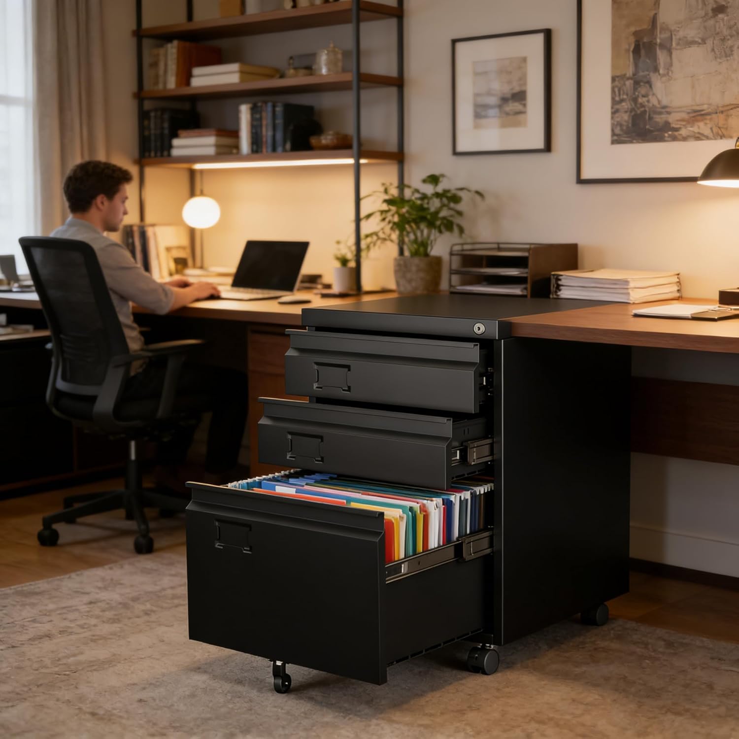 3 Drawer Metal File Cabinet with Lock and Wheels, Black | 17.32"D x 14.57"W x 23.82"H under-desk cabinet, fits Letter, Legal and A4 files, 5 casters