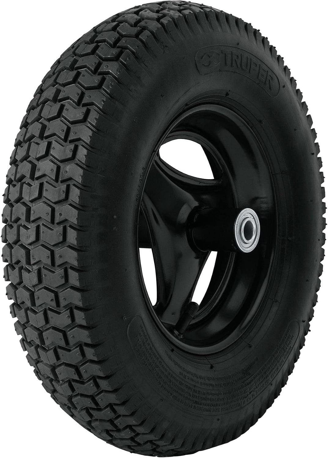 Truper 16-Inch Reinforced Wheelbarrow Tire and Rim Assembly, Includes Axle and Industrial Bearings, Heavy-Duty Replacement Wheel (Model RN / 11852)