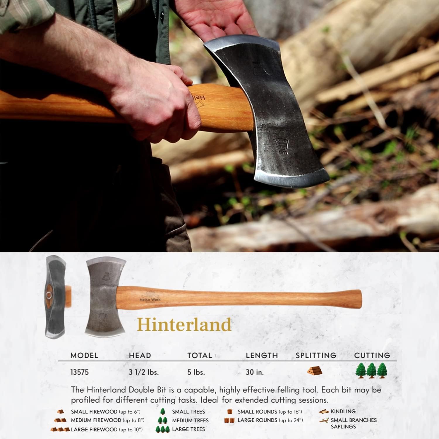 1844 Helko Werk Germany Traditional Hessen Woodworker Felling Axe (13563) | Made in Germany Hand Forged Felling Axe and Cutting Forest Axe for Felling Trees Head 2-3/4 lbs, Handle 28 inches