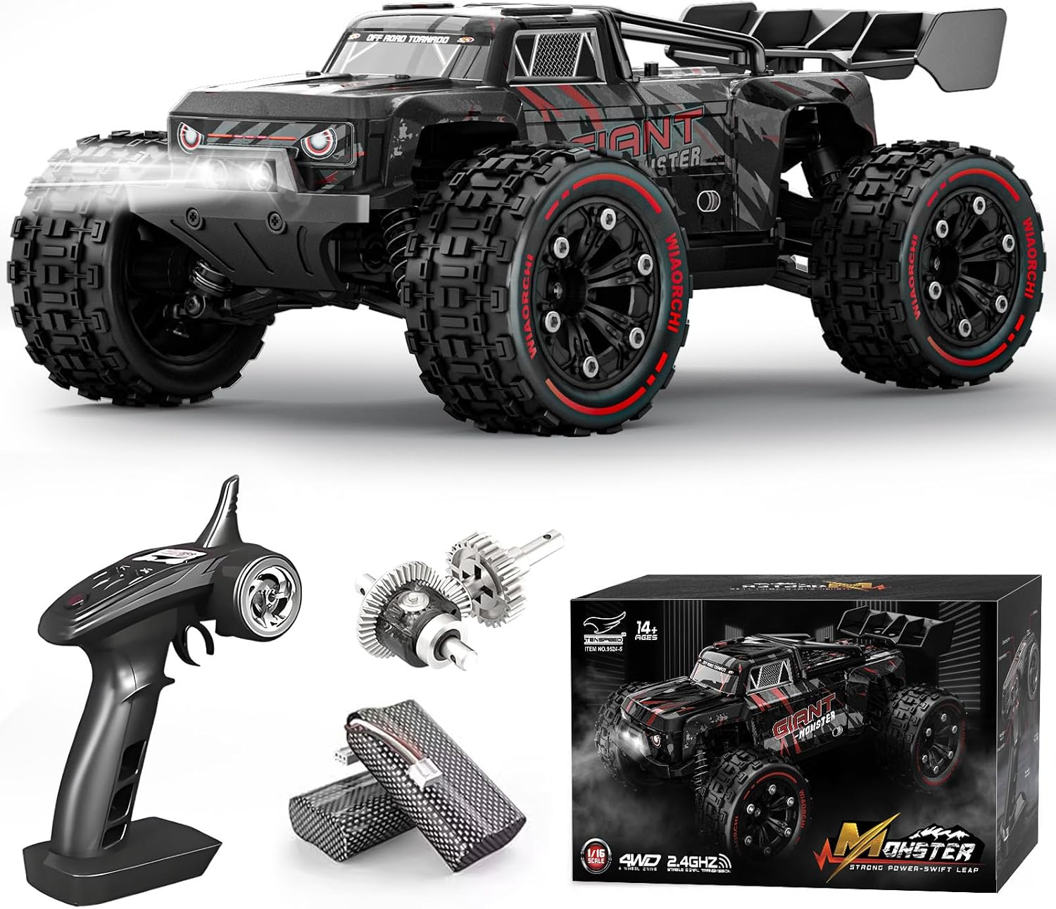 1:16 Scale All Terrain Fast RC Cars for Adults 40KPH, 4WD Electric Off-Road Remote Control Monster Truck with Metal Chassis, 2.4Ghz High Speed Car, Waterproof RC Truck with 2 Batteries for Boys & Kids