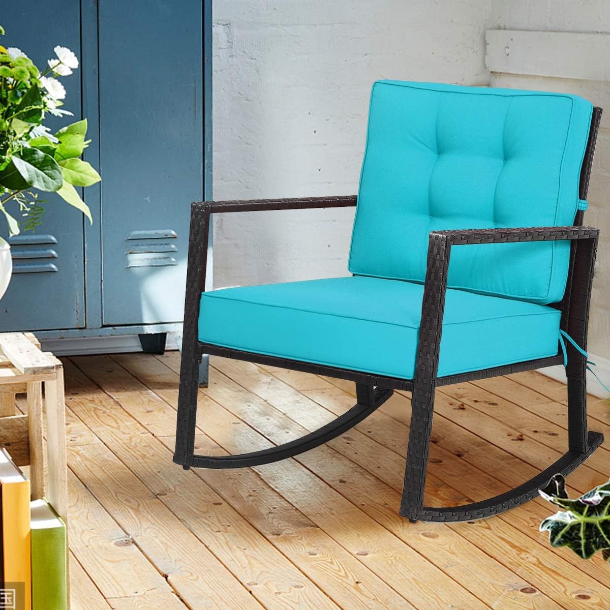 Tangkula Wicker Rocking Chair, Outdoor Glider Rattan Rocker Chair with Heavy-Duty Steel Frame