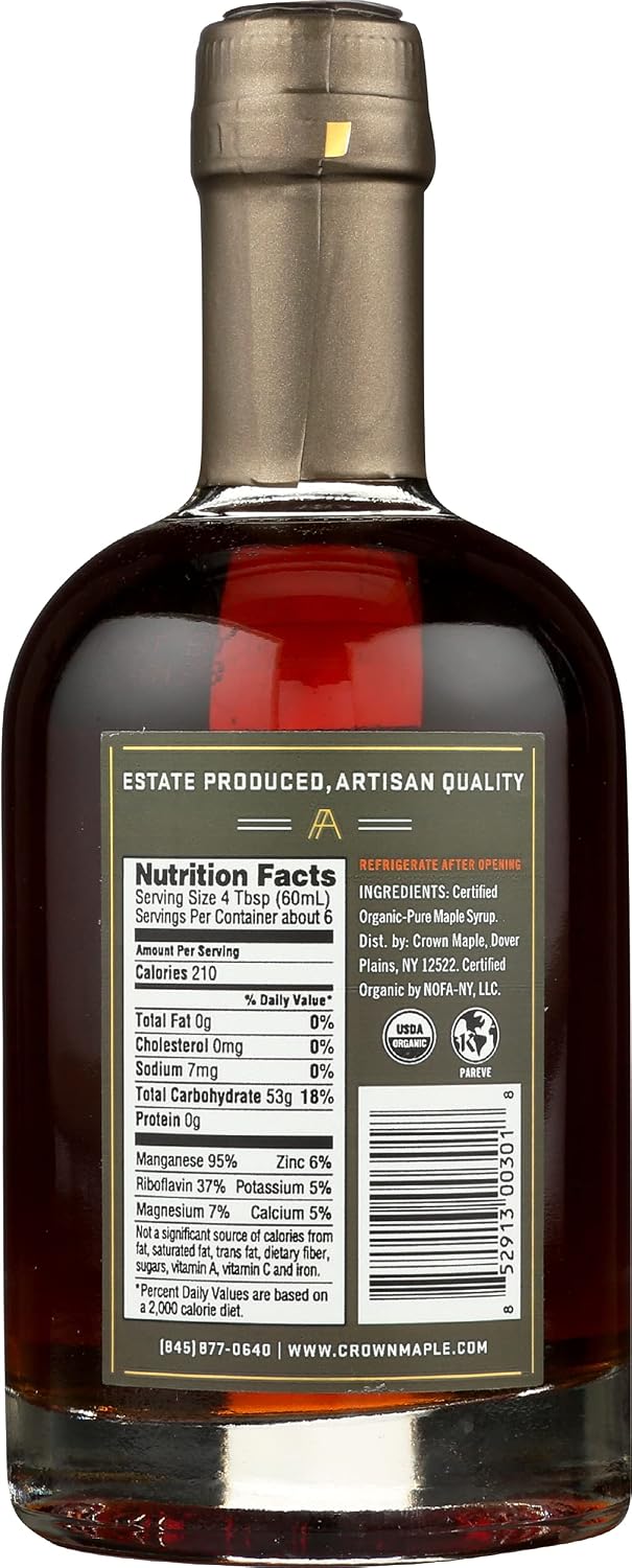 Crown Maple Organic 100% Pure Amber Color Rich Taste Maple Syrup, Flavor Marinades, Cocktails, Pancakes, Squash & Bacon, 12.7 Fl Oz