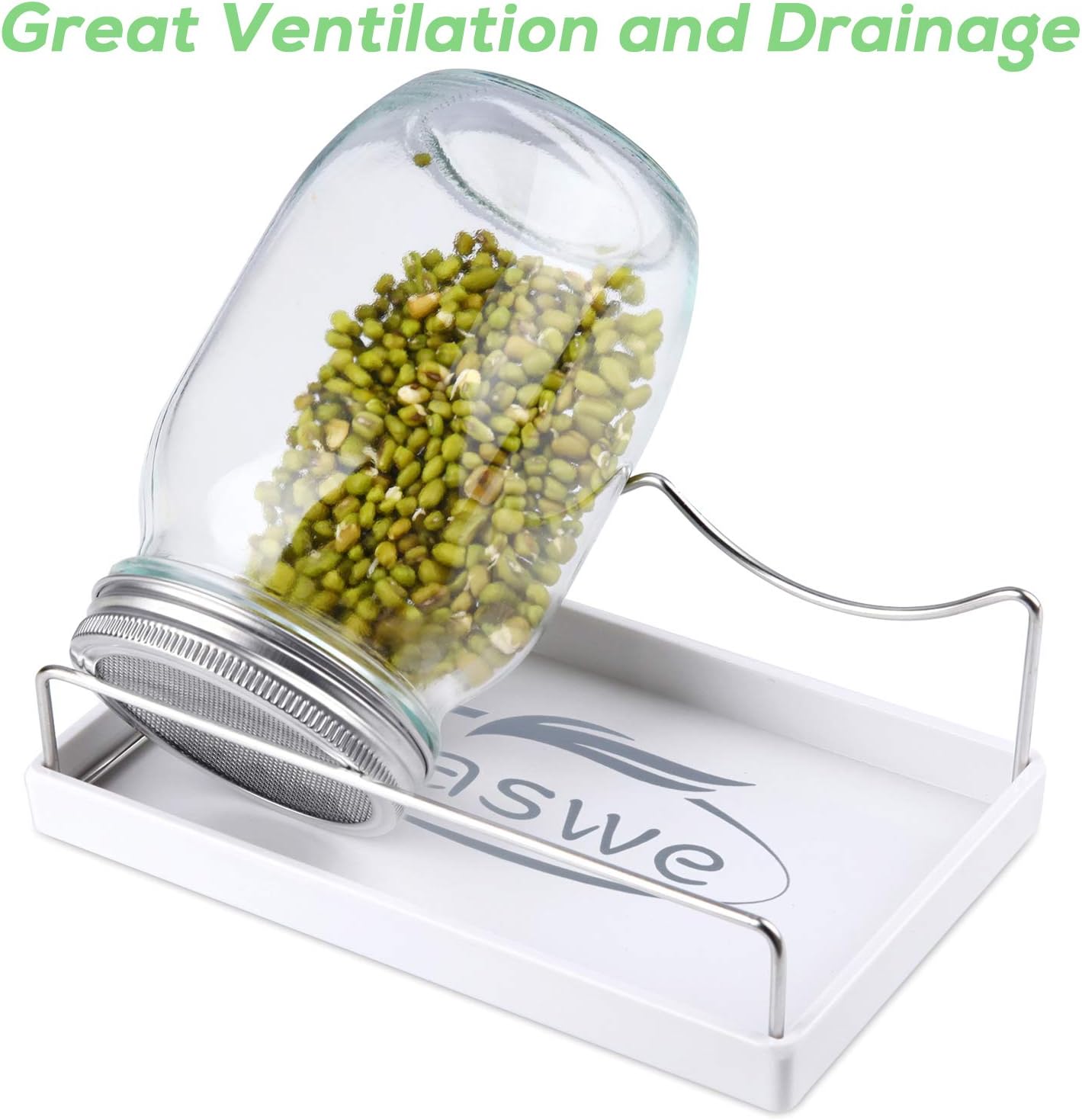 Sprouting Jar Kit-2 Wide Mouth Quart Mason Jars with 316 Stainless Steel Screen Sprout Lids, Drip Tray, Stand | Seed Sprouter Set for Growing Broccoli