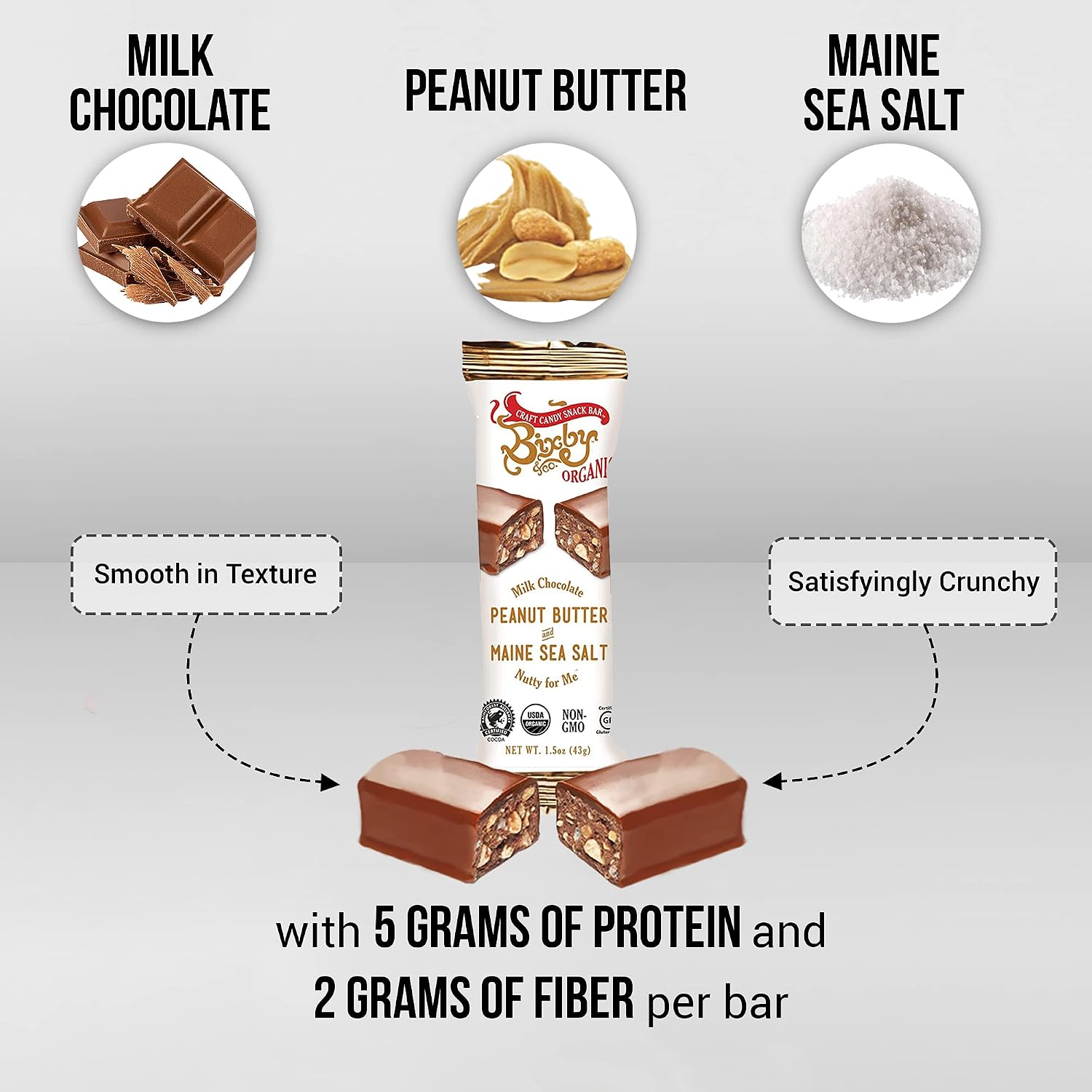 Bixby 12 Bars of Organic Milk Chocolate - Gluten Free Peanut Butter and Real Sea Salt - Non GMO Kosher Protein Snack with Clean Ingredients