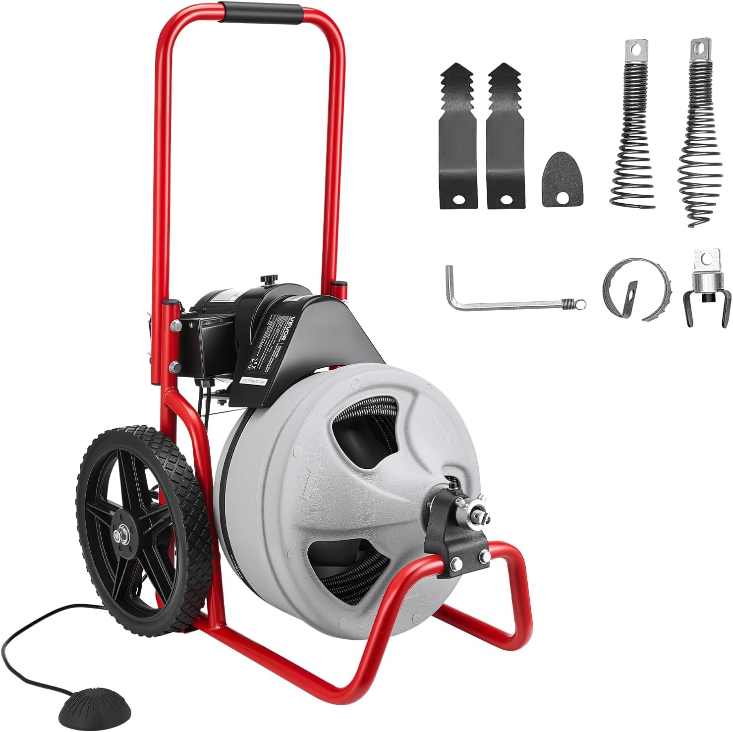 VEVOR Drain Cleaner Machine 50 FT x 5/16 Inch, Sewer Snake Auger with 228RPM Electric Drill, Manual Feed Drain Cleaning Machine with 6 Cutters & Air-activated Foot Switch for 2" to 4" Pipes