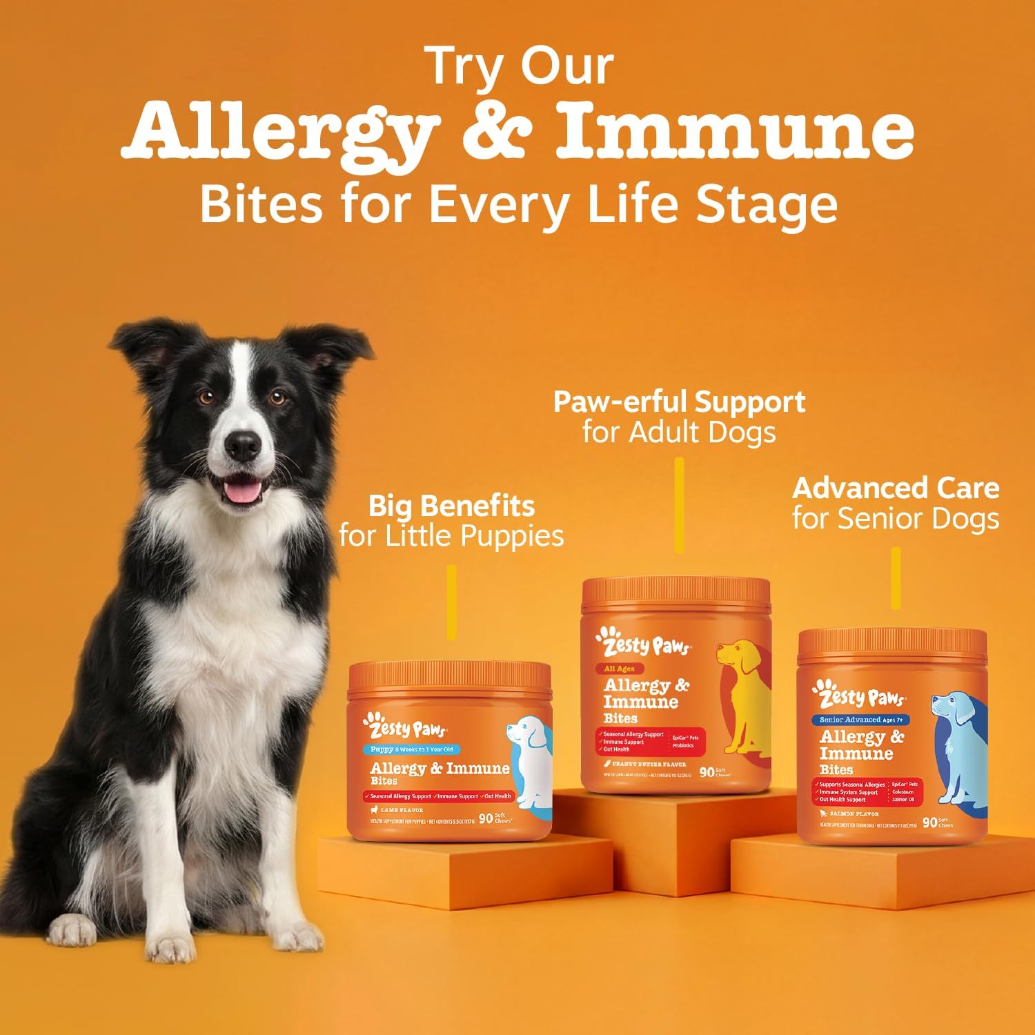 Zesty Paws Allergy Immune Bites - Dog Allergy Chews, Dog Probiotics for Itchy Skin and Ears, Lamb, 90ct