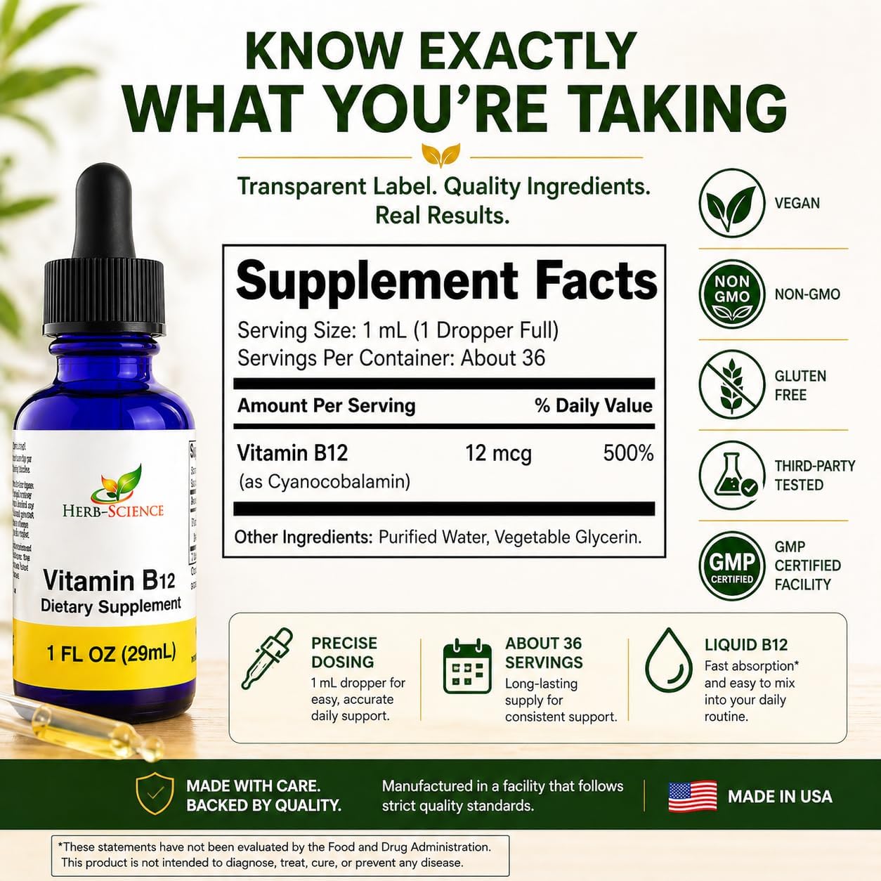 Liquid Vitamin B12 – Cold-Pressed, High Absorption, Vegan, Alcohol-Free, Sublingual B12 Drops, Cyanocobalamin, No Artificial Flavors