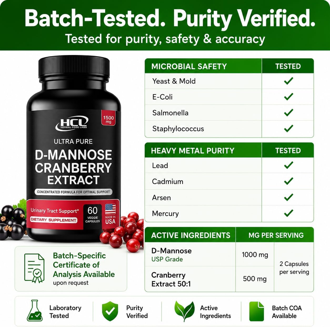 HCL HERBAL CODE LABS D-Mannose with Cranberry Extract Capsules 1500mg – High Potency USP Grade D-Mannose Supplement with Whole Fruit Cranberry